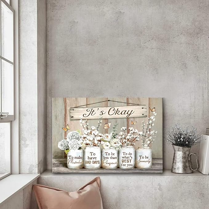 Parylore Floral Farmhouse Wall Art Canvas Encouraging Bible Verse On Marson Jars and Butterfly Print Wall Decor It's Okay Inspirational Quotes Picture Framed for Bedroom Decor 16x24 In