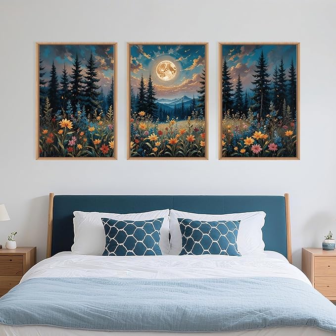 Large Nature Moon Wildflowers Framed Canvas Wall Art,Vintage Forest Flowers Wall Decor,Dark Mountain Night Painting,Wilderness Artwork for Living Room,Bedroom,Dining Room,Office -16"x24"x3