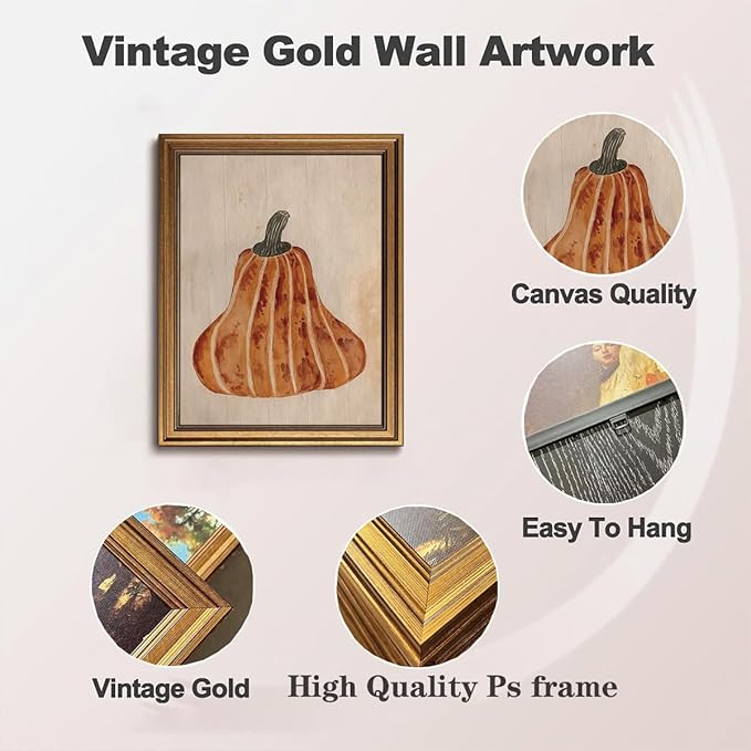 Gold Framed Wall Art Vintage Canvas Wall Art Japandi Pumpkin Fruits Artwork Prints Picture for Living Room Bedroom Farmhouse Bathroom Office Decor, 16x24
