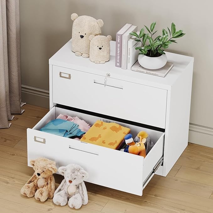 MIIIKO 2 Drawer Lateral File Cabinet with Lock, White Filing Cabinet for Home Office, Two Drawer Metal File Cabinet for Hanging Files Folders Letter/Legal/F4/A4 Size