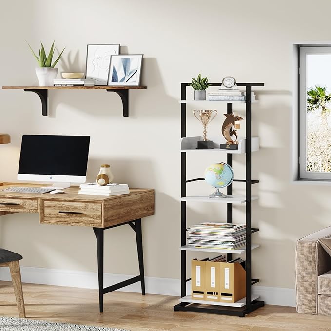 Hosfais Book Shelf Tall Bookshelf: 5 Tier Wood Bookcase with Metal Edge Protection Industrial Narrow Bookshelf Corner Storage Organizer Display Book Rack for Living Room Bedroom Office (Black White)
