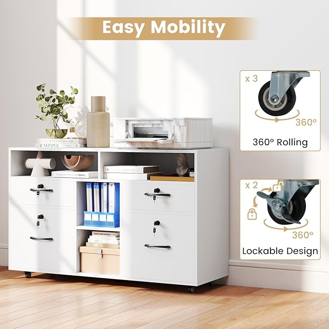Giantex 4-Drawer Lateral File Cabinet with Lock, Adjustable Shelf, Open Components, 5 Rolling Wheels (2 Lockable), Fits Files A4/Letter Size, Mobile Filing Storage Organizer, Printer Stand (White)