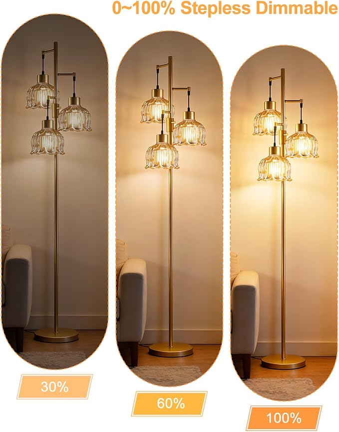Lightdot 3-Light Lotus Floor Lamp 65'' Dimmable with Brown Glass Shade & E12 Bulbs Included, Mid Century Tall Flower Lamp for Living Room/Bedroom/Sofa Beside/Corner Decor - Gold