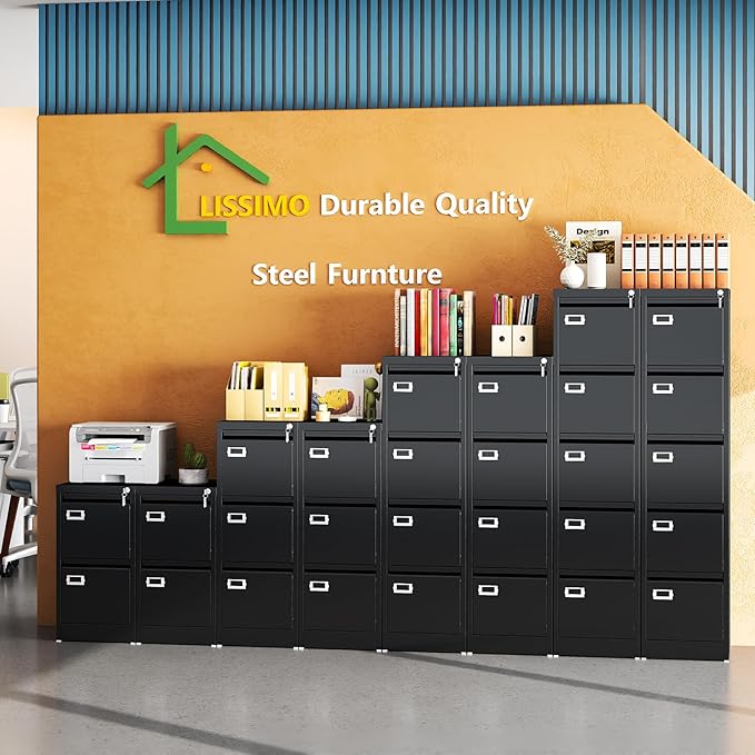 5 Drawer File Cabinet, Black Metal Filing Cabinets with Lock Name Card Holder, Metal Vertical Filing Cabinets for Home Office, Steel Storage Cabinet fits Letter/Legal/A4 Size(Assembly Required)