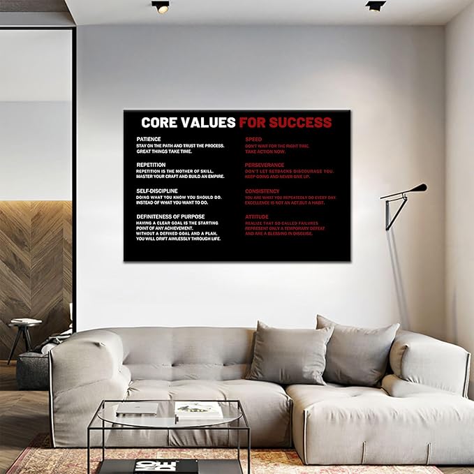 Inspirational Wall Art Core Values for Success Motivational Poster Print Black and White Positive Painting Artwork Framed for Living Room Office Gym Wall Decor Ready to Hang [36''Wx24''H]