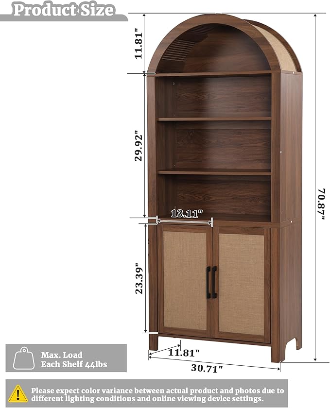 71" Tall Arched Bookcase with Storage, Mid-Century Modern 6-Tier Cabinet with Door, Arched Bookshelf Cabinet with Open Display Storage Shelf for Office Living Room (Walnut)