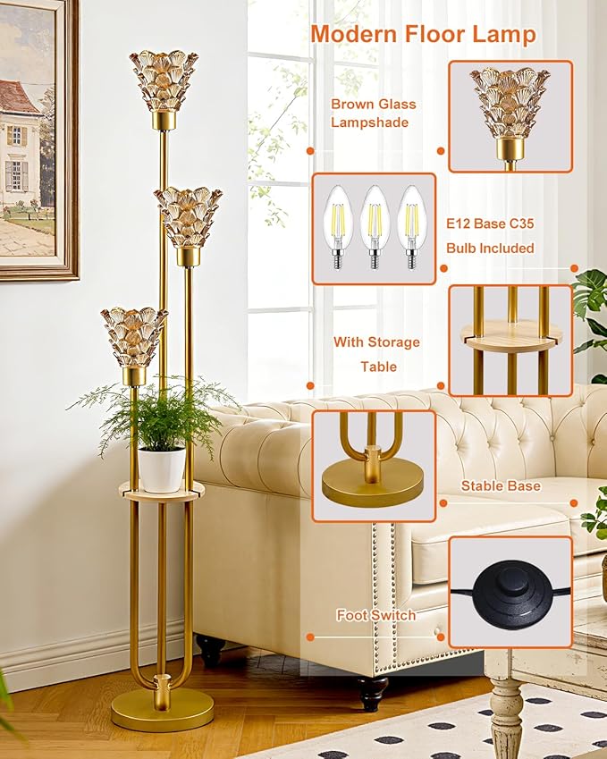 Lightdot Brown Glass Floor Lamp with Shelf, 63IN Mid Century Modern Gold Floor Lamps with 3 3000K Soft Warm White Bulbs Included, Standing Tall Lamp for Living Room/Wedding/Office