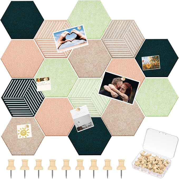 16 Pcs Hexagon Cork Boards Tiles for Walls Decor 7 x 6 Inch Cork Bulletin Board Tiles with 50 Pins, Pin Board for Office Home for Office & Home for Notes Photos and DIY Classroom Decor