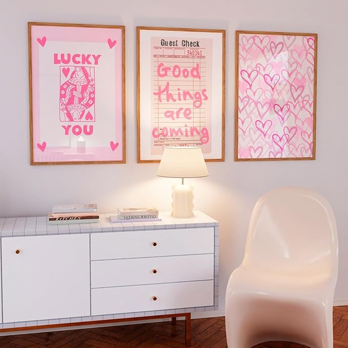 Youillne Lucky You Pink Wall Art Guest Check Preppy Wall Decor Trendy Aesthetic Canvas Wall Art Funky Poster Cute Picture Prints Inspirational Artwork for Room Bedroom 12x16 Inch Unframed Set of 3