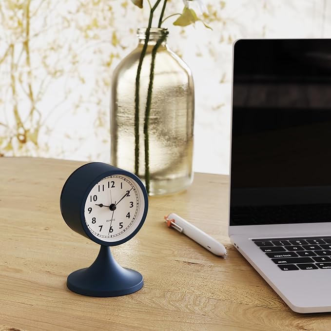 AYRELY® 3" Cute Analog Alarm Clock,Small Retro Table Clock Battery Operated,Slient Metal Desk Clock with Light for Living Room Decor,Bedroom,Bedside,Shelf (Navy Blue)