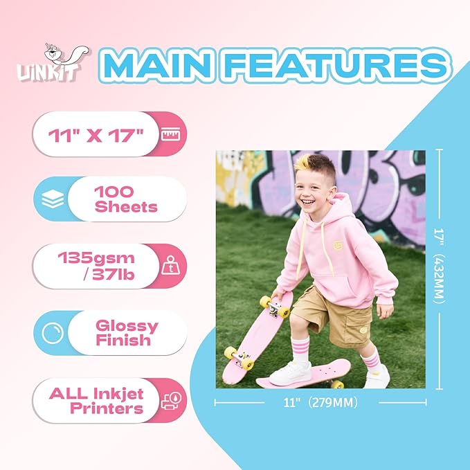 Uinkit 11x17 100 Sheets Photo Paper Glossy Inkjet 37lb Thin Single Side Print Poster Playbill Obituary Papers for Funerals Bulletin Gallery Show Photographic 11 x 17 Copy Printing A3 Value Packed