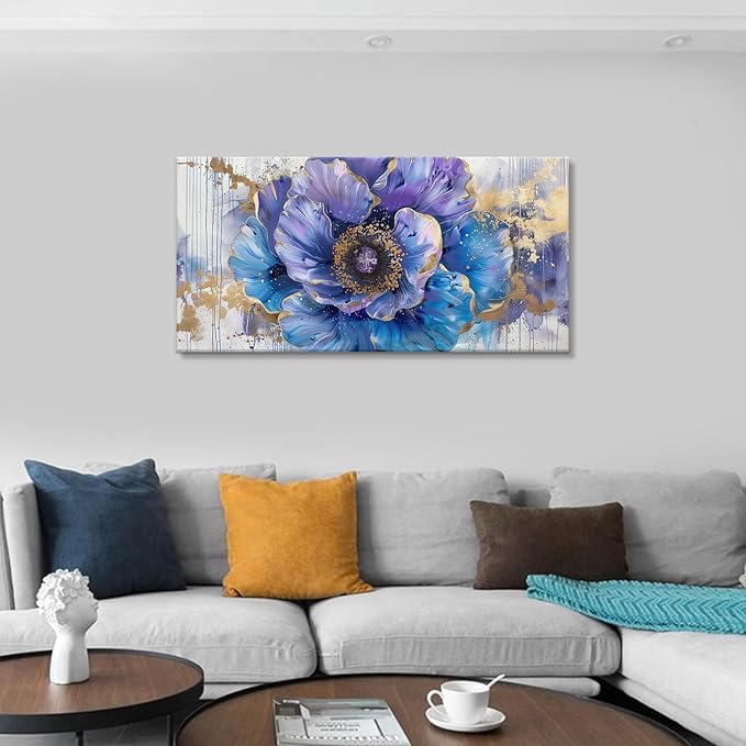 Blue Purple Flower Wall Art Colorful Watercolor Flower Bloom Canvas Painting Bedroom Wildflower Wall Art Home Decor Floral Picture Print Living Room Office Large Framed Artwork