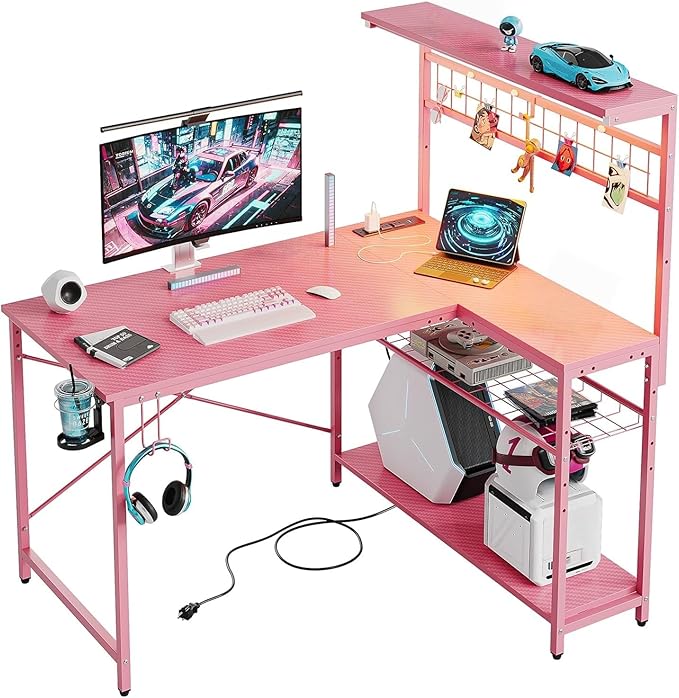 Bestier 42 L Gaming Desk,Computer Desk with Power Outlets, LED Lights, Reversible Corner Desk with 4-Tier Shelves,Cup Holder & Hook Carbon Fiber Pink