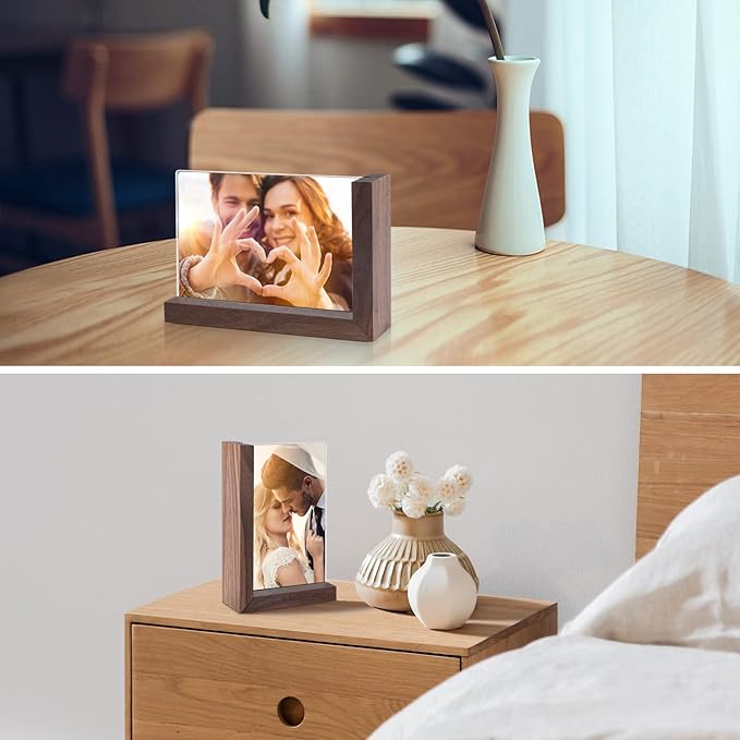 Mixoo 4x6 Picture Frames 2 Pack - Rustic Vintage Wooden Picture Frames 4x6 L-shape Wood Double Side Acrylic Photo Frame Vertical & Horizontal Display for Table Top or Desktop