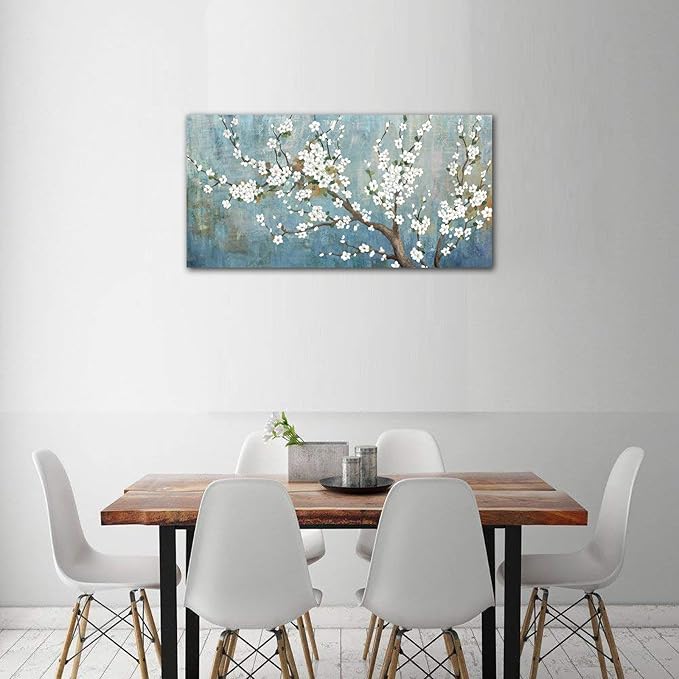 yearainn Elegant Flowers Canvas Wall Art - Plum Blossom Pictures for Wall Decor Rustic Turquoise Canvas Painting Nature Printing Artwork for Living Room Bedroom Home Office Wall Decoration 20" x 40"