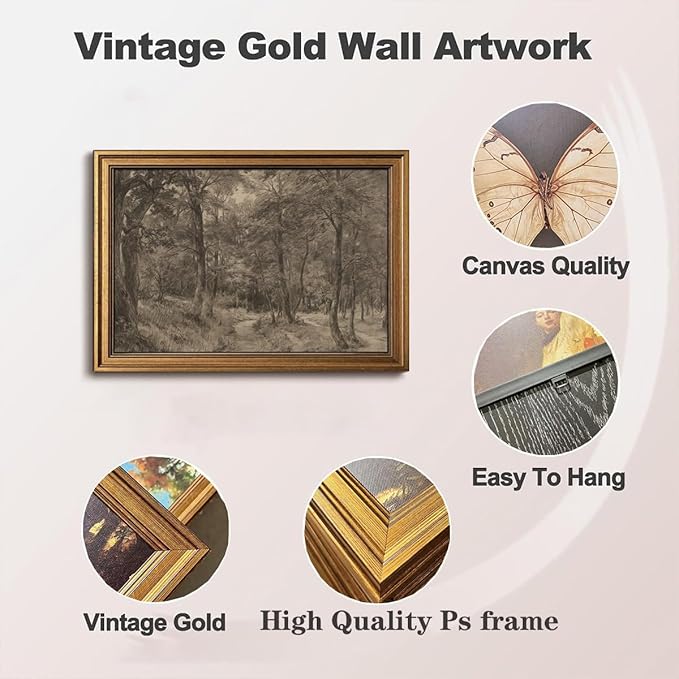 Gold Framed Wall Art Vintage Canvas Wall Art Nature Charcoal Landscape Path Forest Artwork Prints Picture for Living Room Bedroom Farmhouse Bathroom Office Decor, 16x24