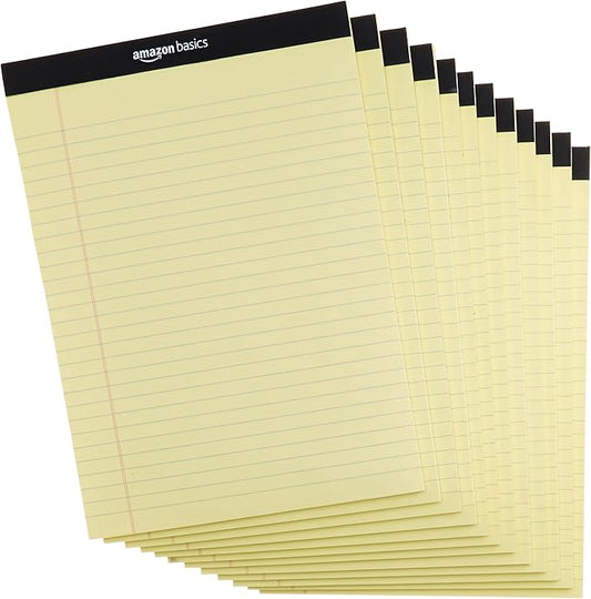 Amazon Basics Wide Ruled Lined Writing Pads, 8.5" x 11.75", Canary, 12-Pack of 50 Perforated Sheets, Sturdy Backing
