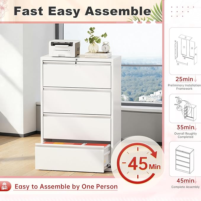 Superday Lateral File Cabinet 4 Drawer Metal File Cabinet with Lock, White Filing Cabinets for Home Office, Locking Filing Cabinets Hanging Files Letter/Legal/F4/A4