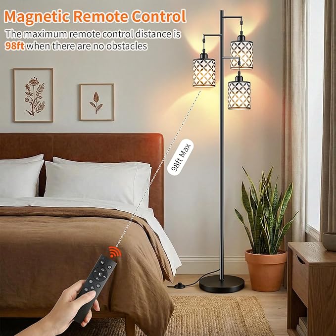New Upgraded 72" Tall Dimmable Floor Lamp, 3 x 800LM 9W LED Bulbs Included, Farmhouse Standing Lamp with Remote Control, Industrial Tree Pole Floor Lamps for Living Room, Bedroom, Study Room - Black