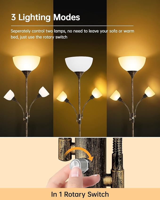 Floor Lamp, Torchiere Floor Lamps for Living Room, 71 Inch Tall Standing Lamp, Bedroom Lamps with Reading Light, Rotary Switch, 3 Plastic Lampshade, Torch Floor lamps for Bedroom (Bronze, No Bulb)