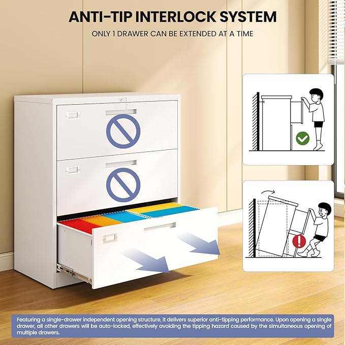 Metal 3 Drawer Lateral File Cabinet with Lock, Wide&Deep Filing Cabinet for Letter/Legal/F4/A4 Hanging Files, Includes Business Card Holder, Home Office School Storage
