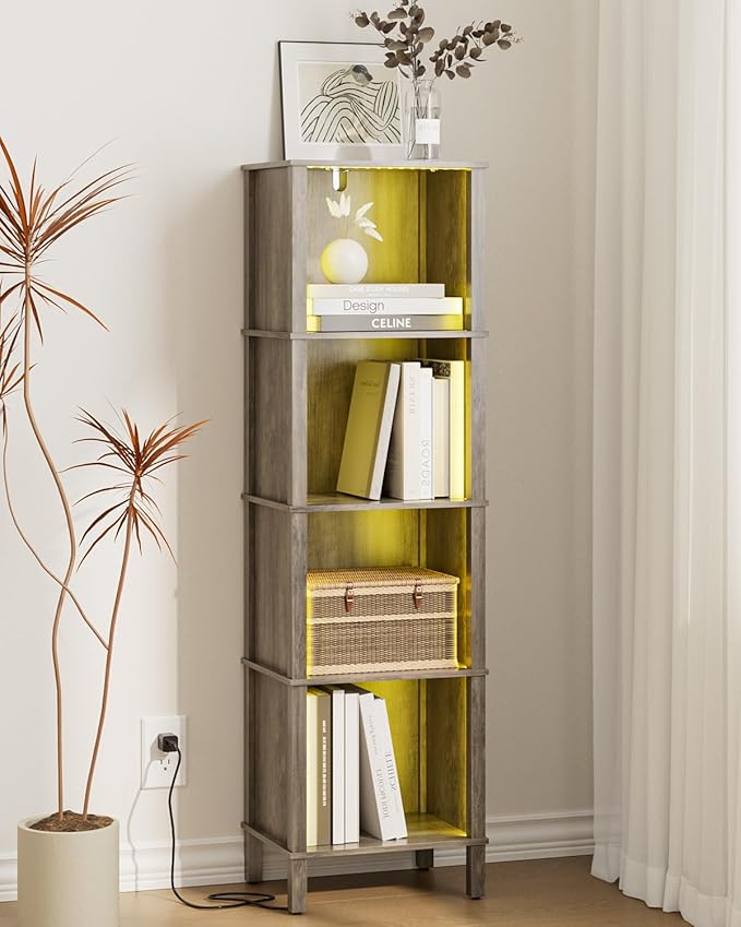 Book Shelf with LED Lights, Modern 4-Tier Bookcase, Open Storage Bookshelf, 11 × 14.2 × 50.4 Inches, Small Narrow Bookshelves for Living Room, Home Office, Bedroom, Gray