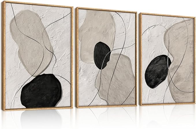ANHUIB Neutral Abstract Wall Art Canvas,Mordern Geometric Wall Decor Framed,Contemporary Minimalist Artwork, Black Beige Canvas Prints, 3 Piece 16 * 24IN Painting for Living Room Bedroom Office