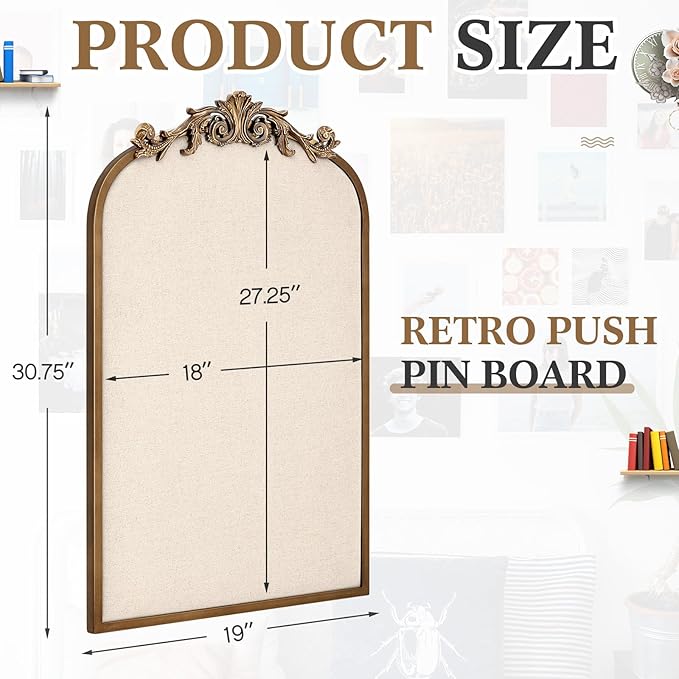 Vintage Framed Pin Board Linen Display Bulletin Board Large Cork Fabric Picture Photo Pinboard Memo Ornate Decorative Pinboard Ornate for Wall Gift(Arch,19" X 31",Retro Golden)