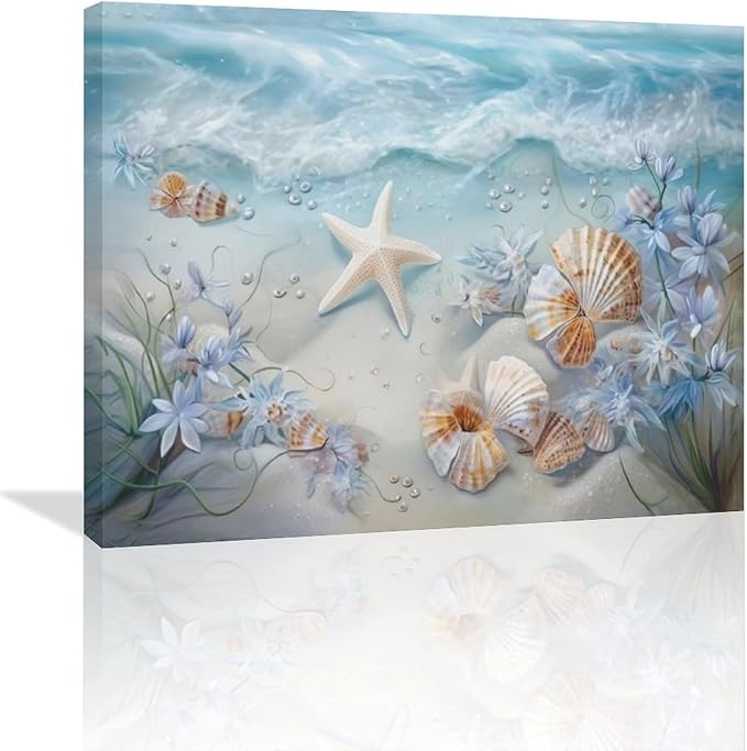 Beach Seashell Bathroom Wall Art Coastal Floral Pictures Wall Decor Flower Starfish Canvas Painting Modern Decoration Artwork for Bathroom Living Room Bedroom Office Framed 24"x20"