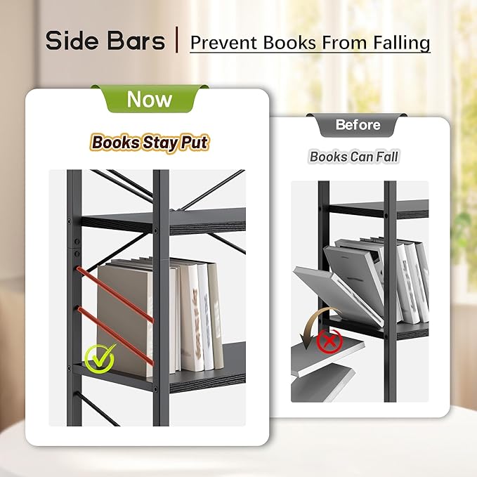 5 Tier Bookshelf, Industrial Tall Bookcase, Modern Display Book Shelf with Metal Frame and Sidebars for Bedroom, Living Room and Home Office, Black