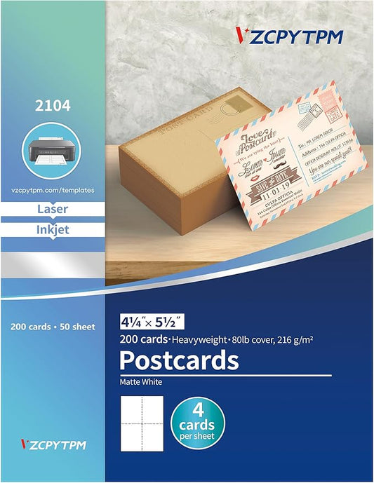 Printable Postcards 4.25" x 5.5",200 Blank Post Cards for Mailing,Invitations,Announcements,for Inkjet & Laser Printers,Perforated Cardstock for Custom Designs