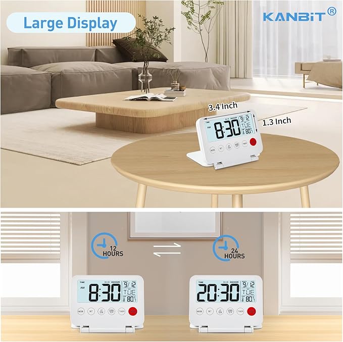 Small Digital Travel Alarm Clock, Large LCD Display Front Button with Date & Temperature, Snooze and 8 Seconds Backlight AAA Battery Operated Desk Clock for Home & Office, White