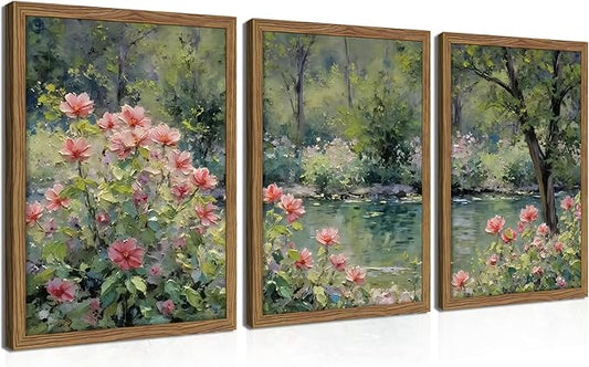 Framed Monet Wall Art Set of 3, Impressionist Botanical Floral Canvas Wall Decor, Vintage Cottagecore Artwork Paintings, Nature Landscape Flowers Prints Pictures for Living Room Bedroom 12x16 Inch