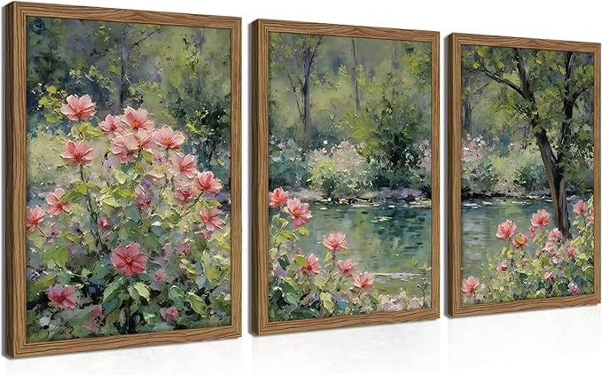 Framed Monet Wall Art Set of 3, Impressionist Botanical Floral Canvas Wall Decor, Vintage Cottagecore Artwork Paintings, Nature Landscape Flowers Prints Pictures for Living Room Bedroom 16x24 Inch