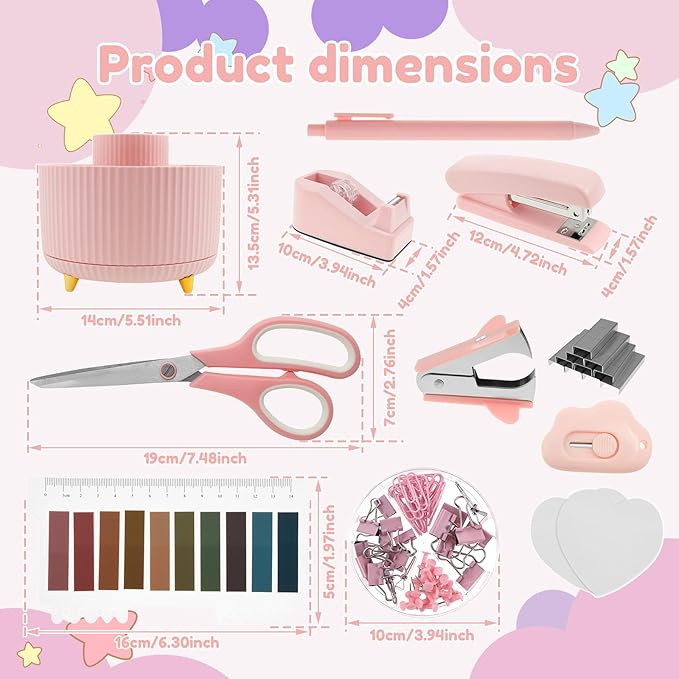 Office Supply Set, Practical Desk Accessories Set, Portable Desk Office Supply Sets Tape Dispenser, Convenient Offices Desks Accessories with 360° Pen Holder Staples Scissor for Offices Home Best Gift