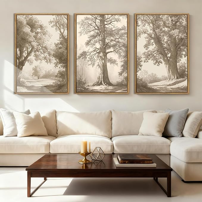 Vintage Tree Canvas Wall Art Framed Rustic Tree Landscape Sketch Antique Painting Neutral Forest Wall Decor 16x24 Inch Farmhouse Botanical Set of 3 for Living Room Bedroom