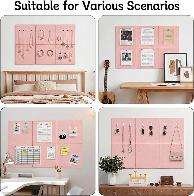 Large Cork Board 36" x 24", 6 Pack Felt Wall Tiles with Colored Pushpins, Bulletin Board with 40 Safe Removable Adhesive Tabs, Pin Board Cork Boards for Walls Home Office Decor - Pink