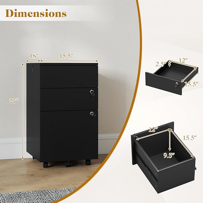 LOKO Mobile File Cabinet with 3 Drawers, Wooden Rolling Filing Cabinet with Lock, Under Desk File Organizer for A4/Letter/Legal Size, for Home Office, Study (Black)