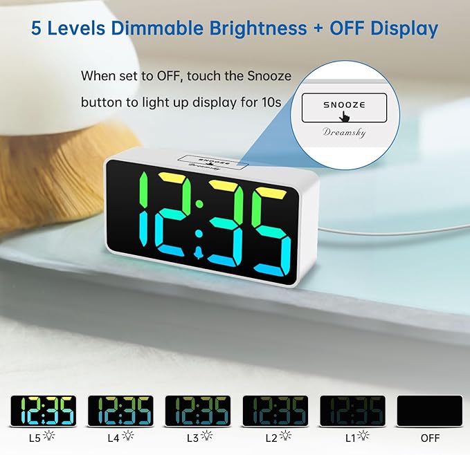 DreamSky Small Digital Alarm Clock for Bederoom, RGB Large Big Numbers Display with Dimmer for Living Room, Electric Bedside Desk Clock with USB Charging Port, Adjustable Volume, USB-C Adapter Powered