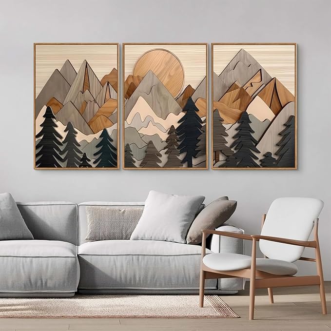 Set of 3 Mountain Wall Art Large Forest Wall Decor Woodcut Wooden Landscape canvas posters Nature Wilderness Art Prints Abstract Landscape Painting for Living Room Bedroom Office Unframed 12x16in