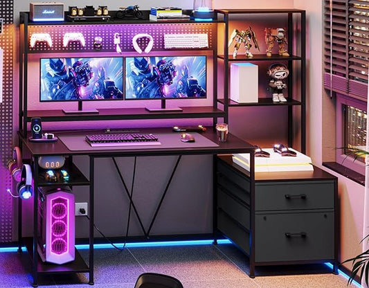 Gaming Desk with Hutch, 65in Reversible Computer Desk with Power Outlets LED Light, Home Office Desk with Monitor Stand 2 Drawers 4 Storage Shelves Pegboard 8 Hooks Mouse Pad (Black)