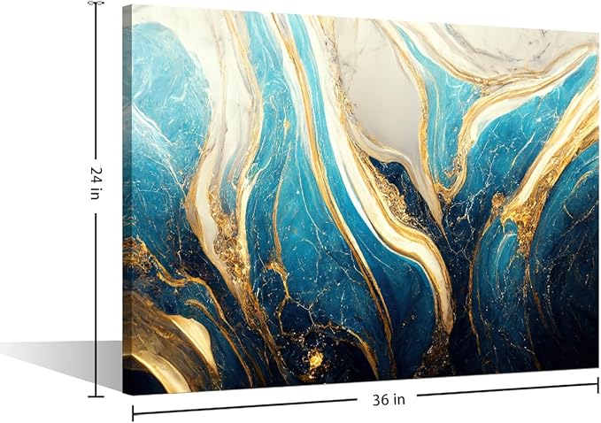 Modern Canvas Wall Art for Office 1 Panel Abstract Marble Art Poster Turquoise Gold and White Colors Picture Prints for Native Americans Living Room Home Wall Decor Stretched Ready to Hang 36x24 in