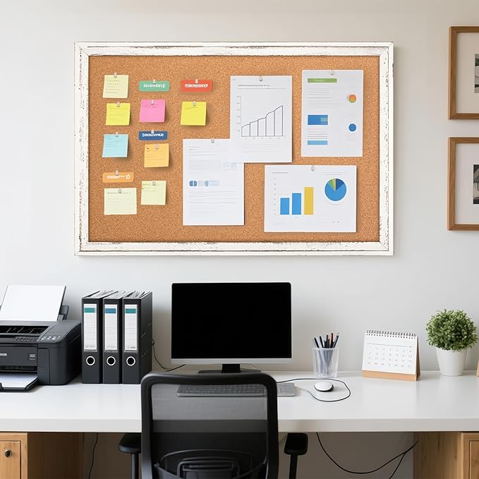 Cork Board Bulletin Board, 36" x 24" Corkboard for Wall, Rustic White Wooden Frame, Hanging Pin Board for Home & Office Decor, 10 Push Pins