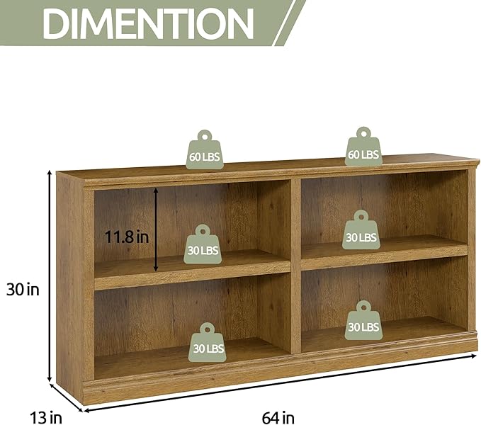 blini Bookshelf Double Wide 64“ 2-Tier Bookcase Vintage Oak 4 Cube Storage Organizer Wooden Bookcases for Bedroom and Home Office Decor Display