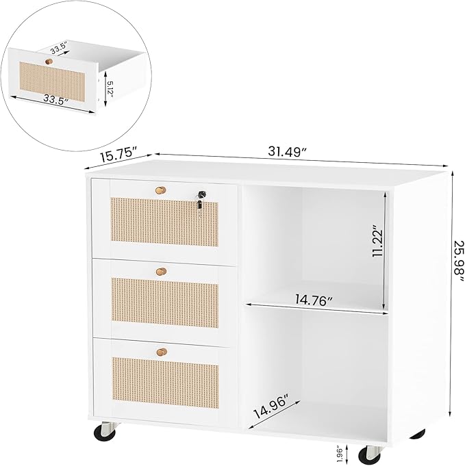 AWQM 2pcs Wood File Cabinet with Lock,3 Drawer Mobile Office Storage Cabinet with 2 Open Shelves,Printer Stand with Storage Lateral Filing Cabinet Printer Cabinet for Home Office,White