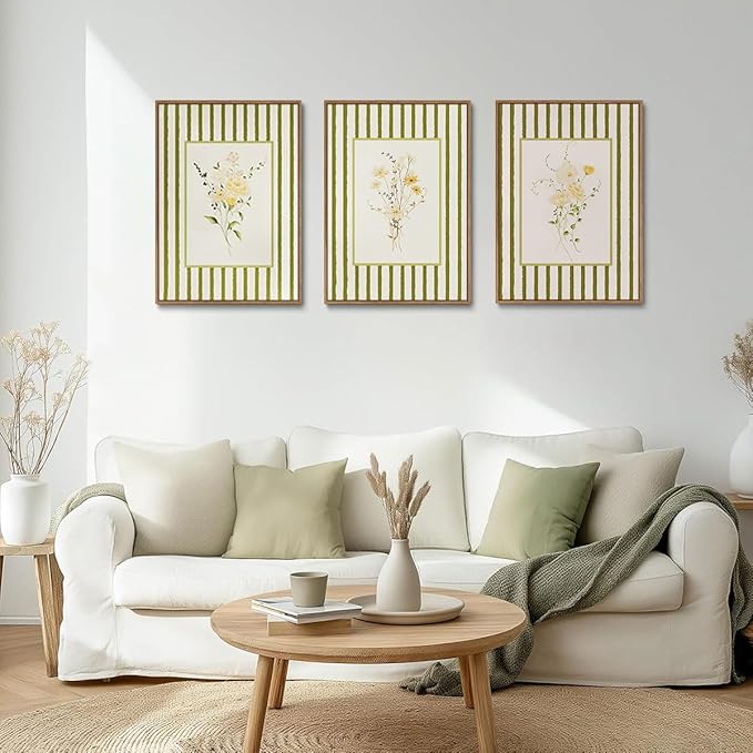 KISSFOX 3 Piece Framed Wall Art Floral Wall Decor Wildflower Canvas Wall Art Flower Pictures Boho Botanical Paintings Green Poster Wall Decor For Girly Room Bedroom Apartment Dorm Living Room