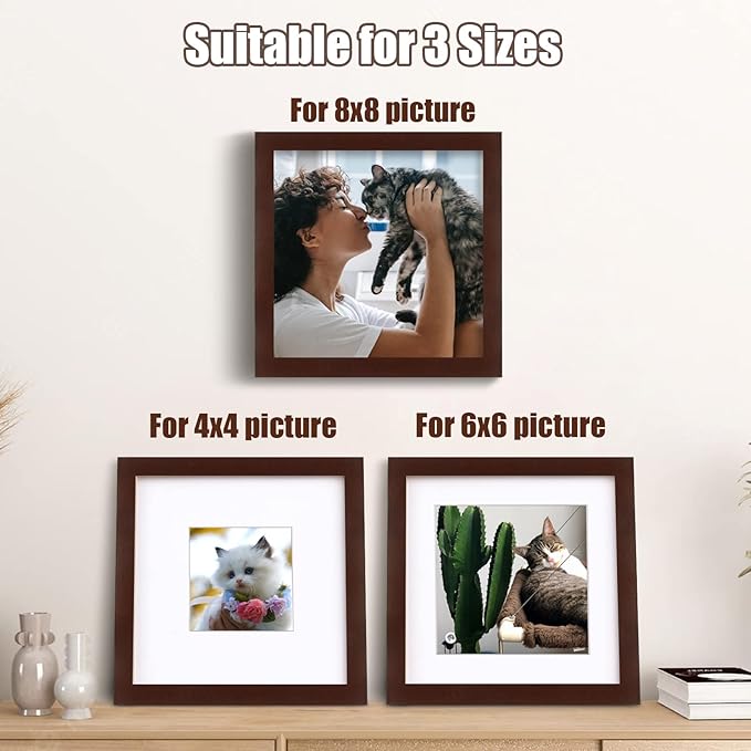 Egofine 8x8 Picture Frames Made of Solid Wood with Plexiglass, Display Pictures 4x4/6x6 with Mat or 8x8 Without Mat Set of 4 for Tabletop and Wall Mounting, Walnut Color