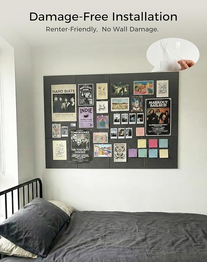Aothia 12-Pack Felt Bulletin Board Tiles for Walls - 48x36 Modular Bulletin Board, Cork Board Alternative Pin Board for Office & Classroom, 70 Adhesive Tabs & 40 Push Pins Included (Charcoal Gray)