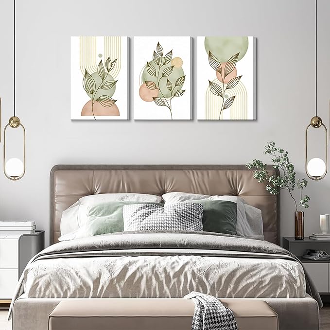 3Pcs Framed Sage Green Boho Canvas Wall Art Modern PinkBotanical Posters Print Abstract With Leafr Pictures Wall Decoration For Living Room Bedroom Bathroom