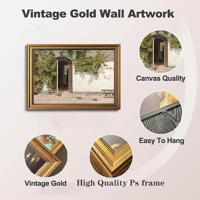Gold Framed Wall Art Vintage Canvas Wall Art Lvy Climbing The Walls Opening Door Artwork Prints Picture for Living Room Bedroom Farmhouse Bathroom Office Decor, 16x24